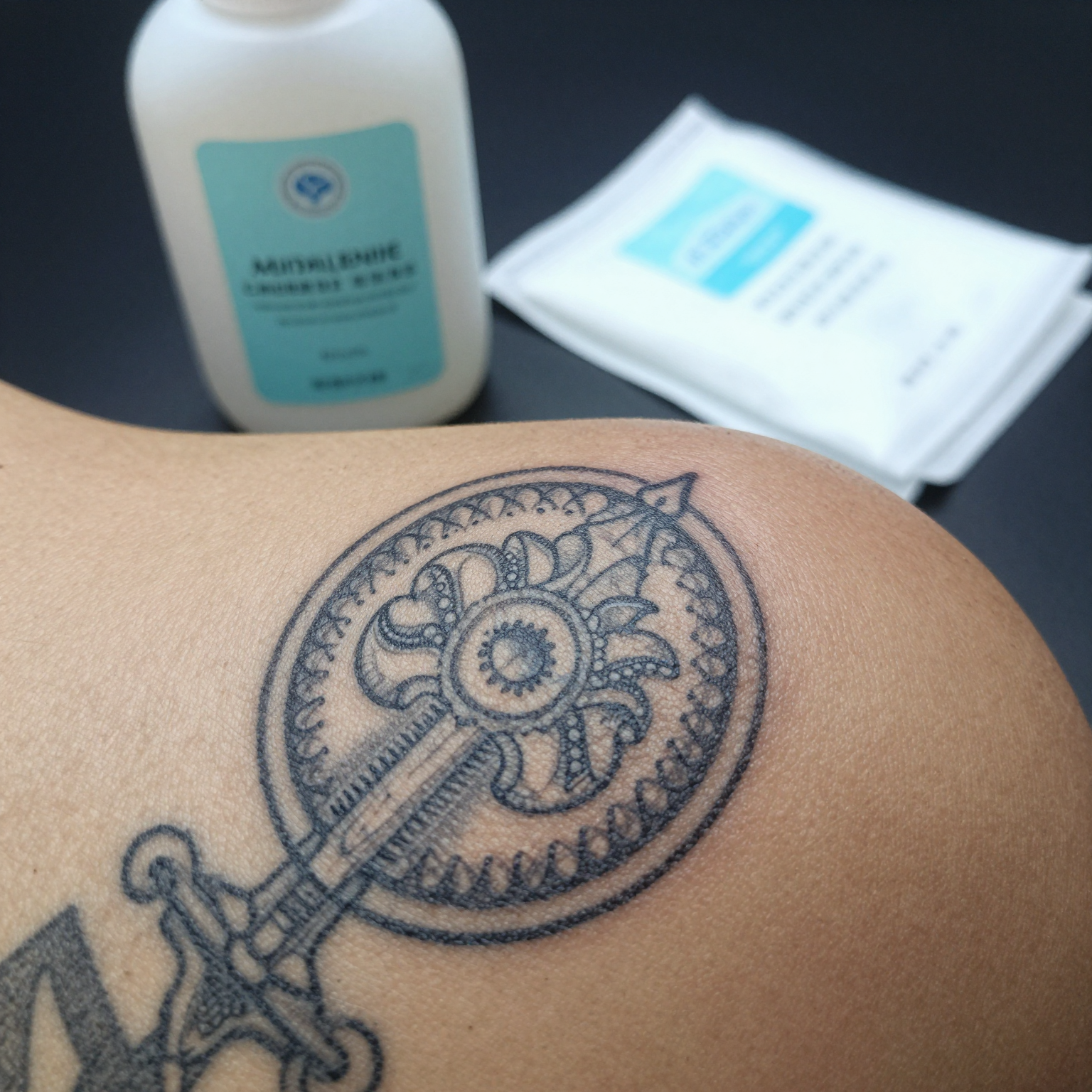 Tattoo aftercare - image of tattoo and care products