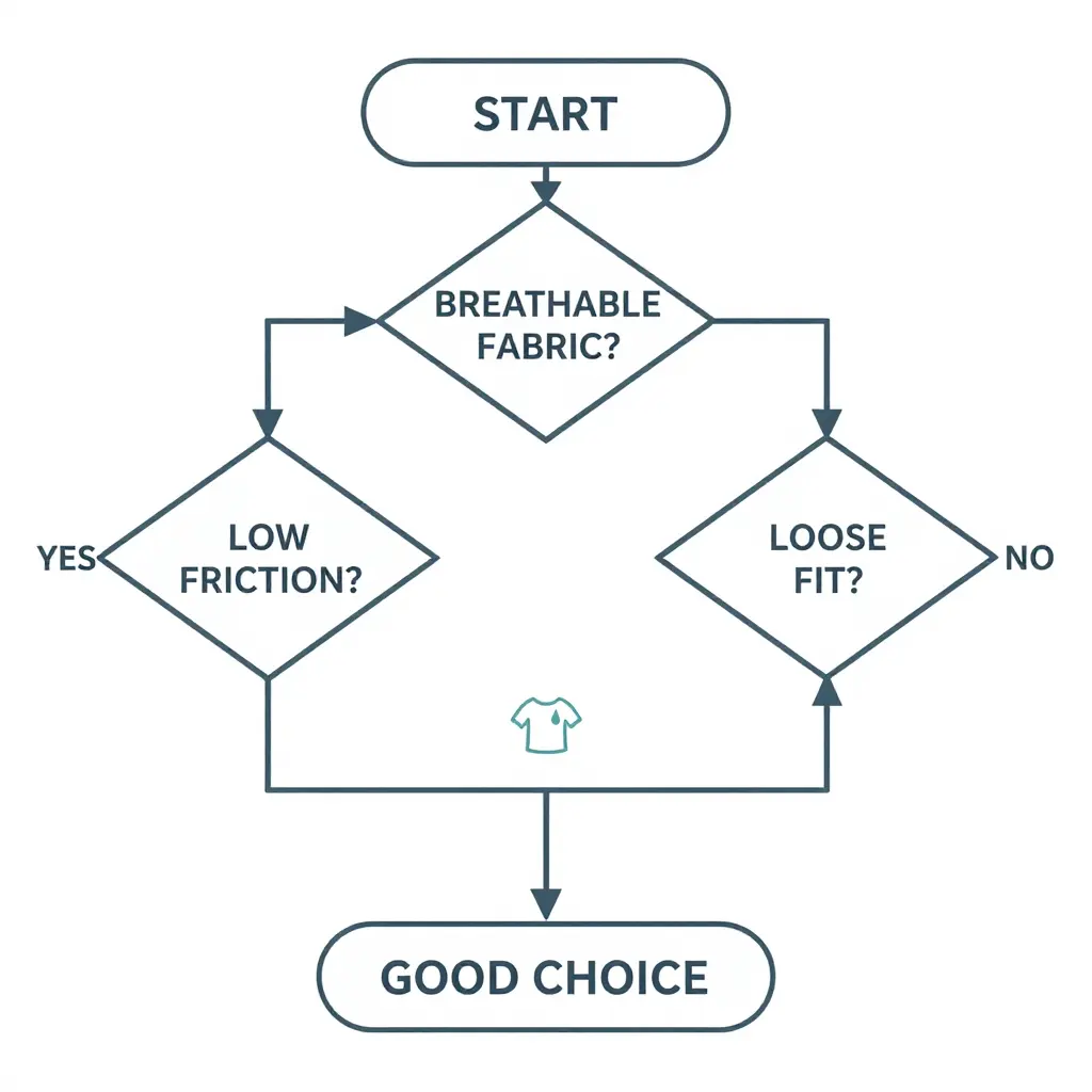 Flat 2D decision flowchart showing the logic for choosing clothing over a fresh tattoo, moving from START through breathability, friction, and fit checks to a good choice