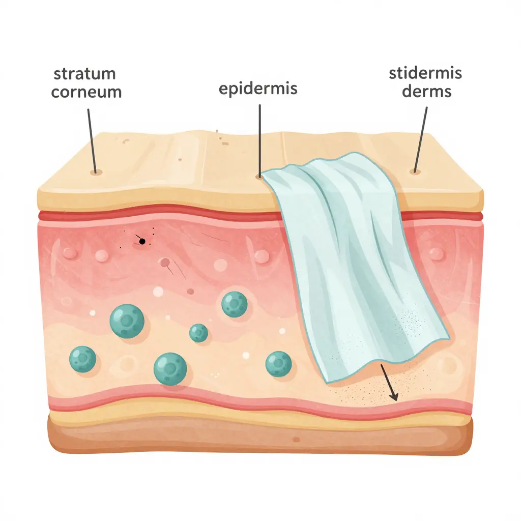 Cross-section of skin during fresh tattoo healing showing a compromised barrier and fabric rubbing the wound